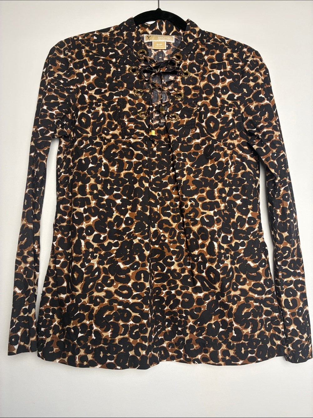 Michael Kors Black and Brown Leopard Lace-Up Long Sleeve Top